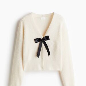 H&M Cream V-Neck Cropped Cardigan with Black Ribbon Bow